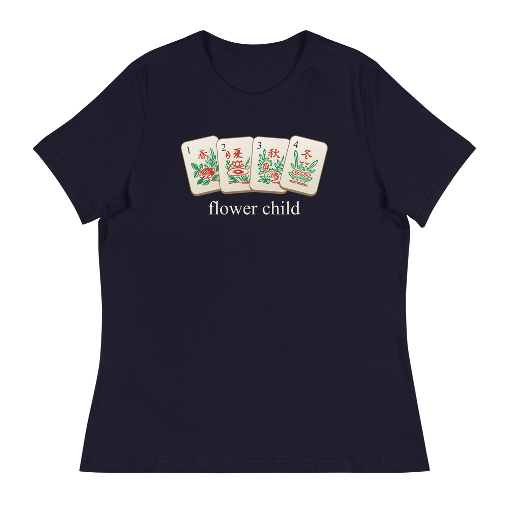 Flower Child mahjong t-shirt in Navy — all four hand-drawn Flower tiles on women's relaxed tee