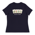 Flower Child mahjong t-shirt in Navy — all four hand-drawn Flower tiles on women's relaxed tee
