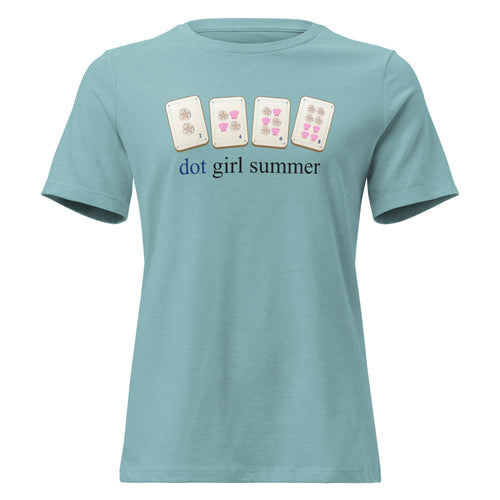 Dot Girl Summer mahjong t-shirt in Heather Blue Lagoon — Dot suit as seashells and sand dollars on women's relaxed tee, front view