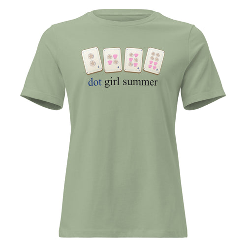 Dot Girl Summer mahjong t-shirt in Sage — Dot suit as seashells and sand dollars on women's relaxed tee, front view